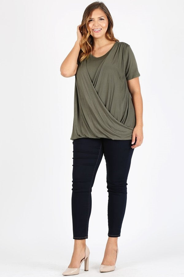 PLUS SIZE CROSS DRAPED V-NECK TOP 4052X-OLIVE