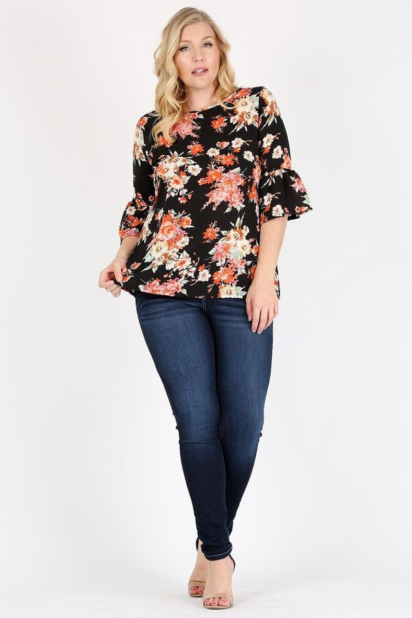 Plus Size 3/4 Bell Sleeve Boat Neck Floral print Top 4065FX-BLACK