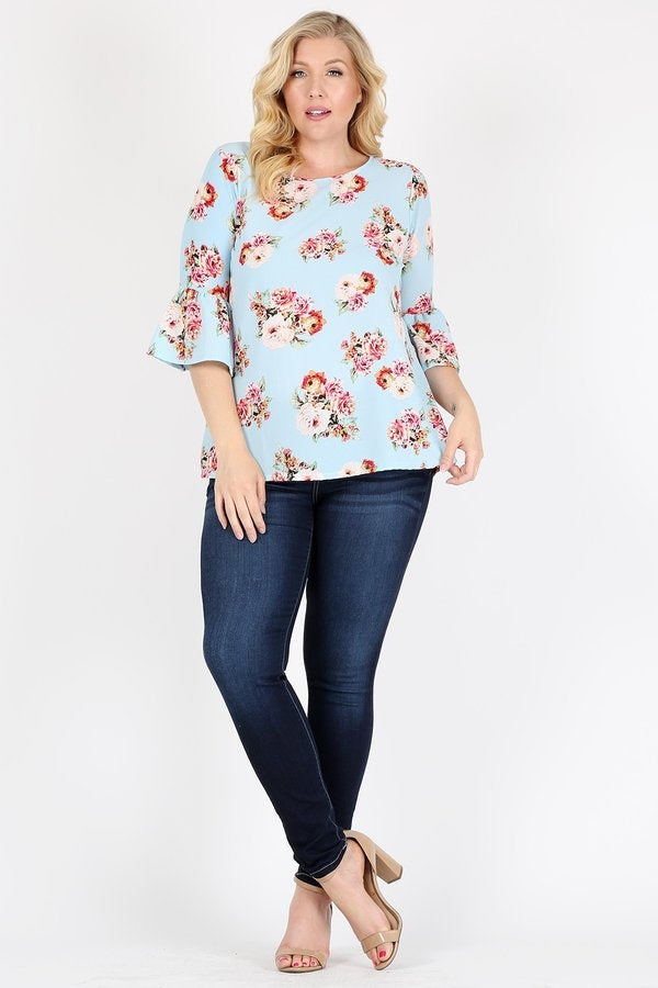 Plus Size 3/4 Bell Sleeve Boat Neck Floral print Top 4065FX-LIGHT BLUE