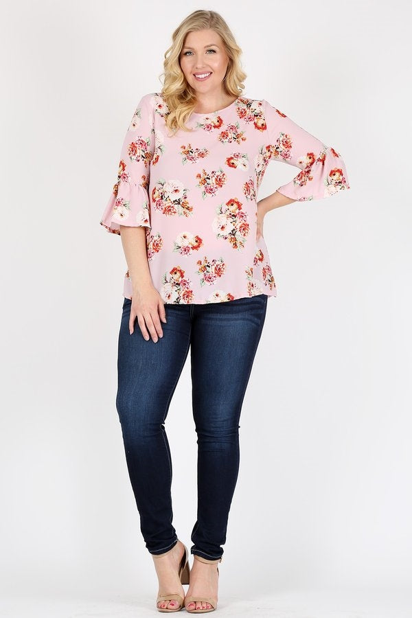 Plus Size 3/4 Bell Sleeve Boat Neck Floral Print Top 4065FX-ROSE