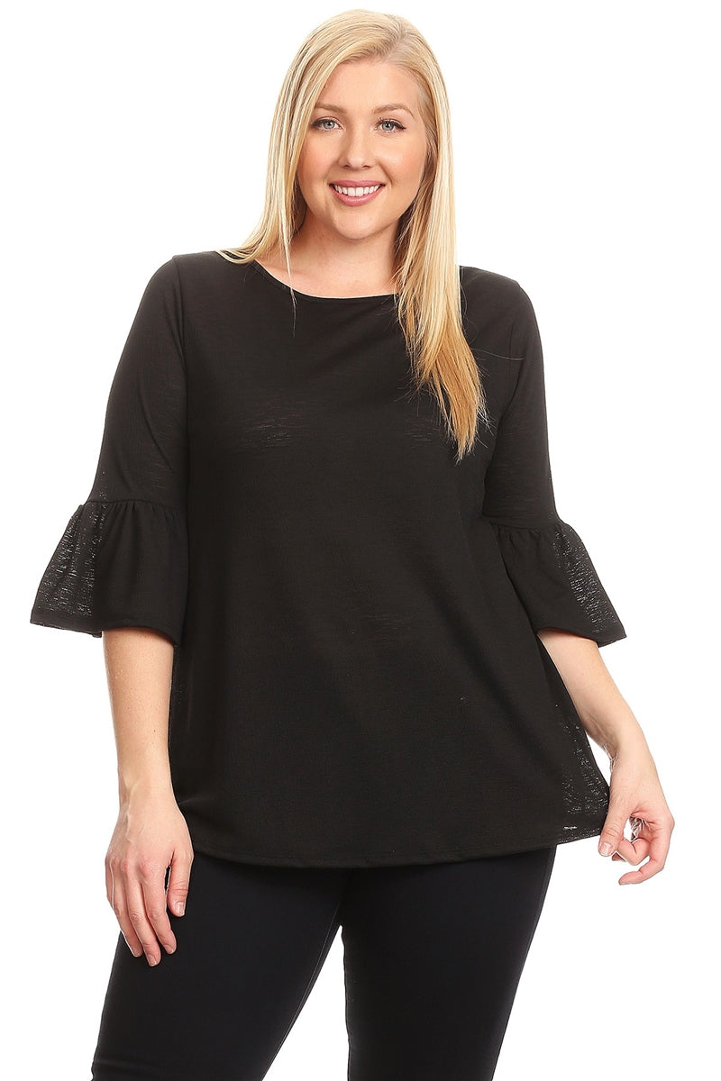 PLUS SIZE 3/4 BELL SLEEVE TOP 4065X-BLACK