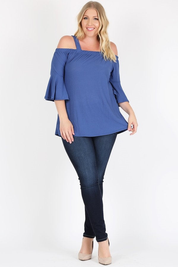 PLUS SIZE COLD SHOULDER BELL SLEEVE TOP 4068X-DENIM BLUE