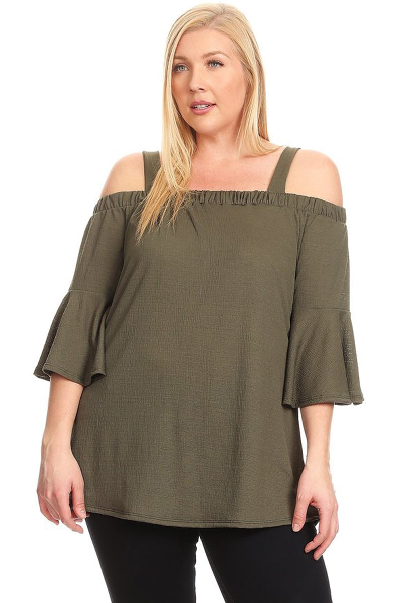 PLUS SIZE COLD SHOULDER BELL SLEEVE TOP 4068X-OLIVE