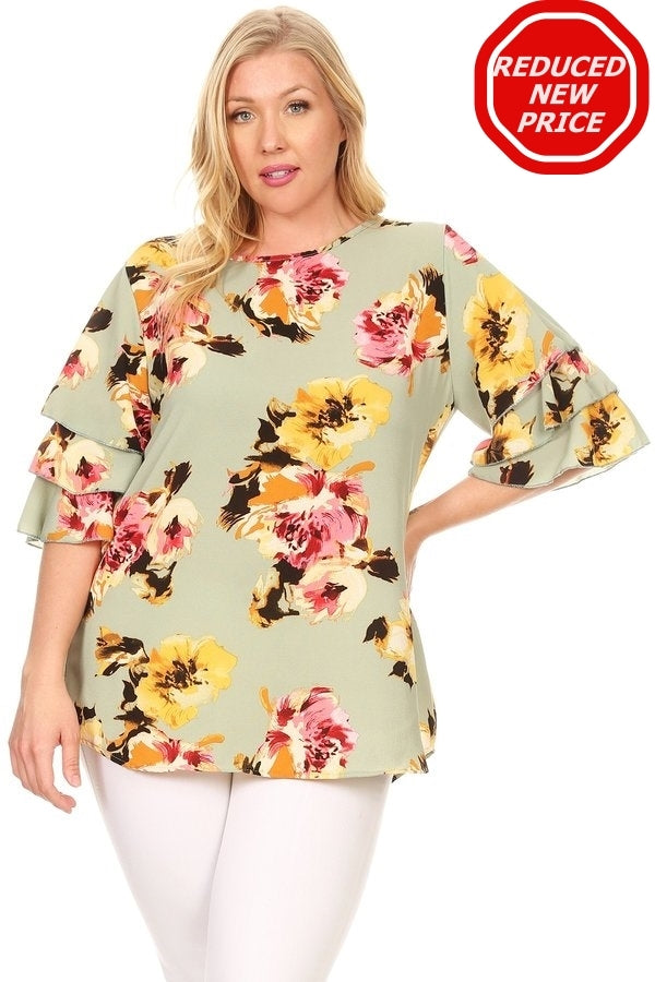 Plus Size Tiered Layered Sleeve Floral print Top 4073FX-SAGE-CORAL