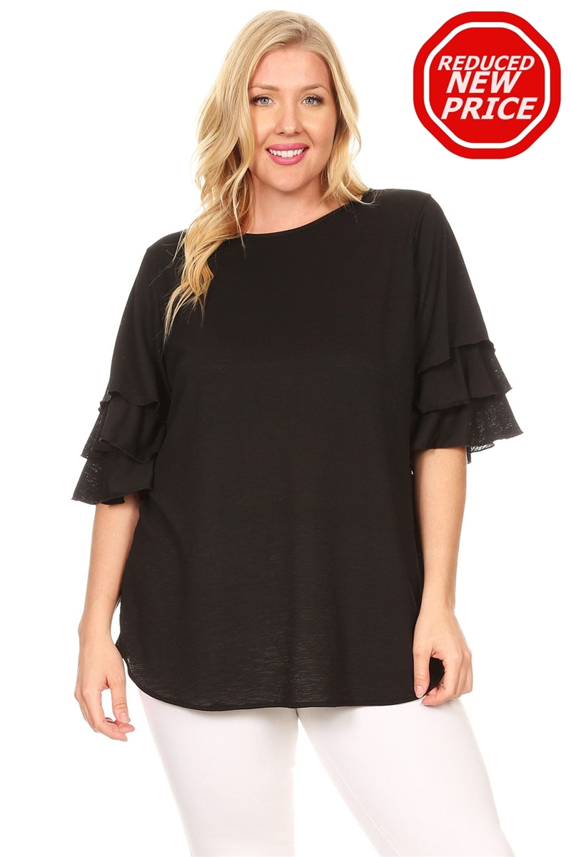Plus Size Tiered Layered Sleeve Solid Top 4073X-Black