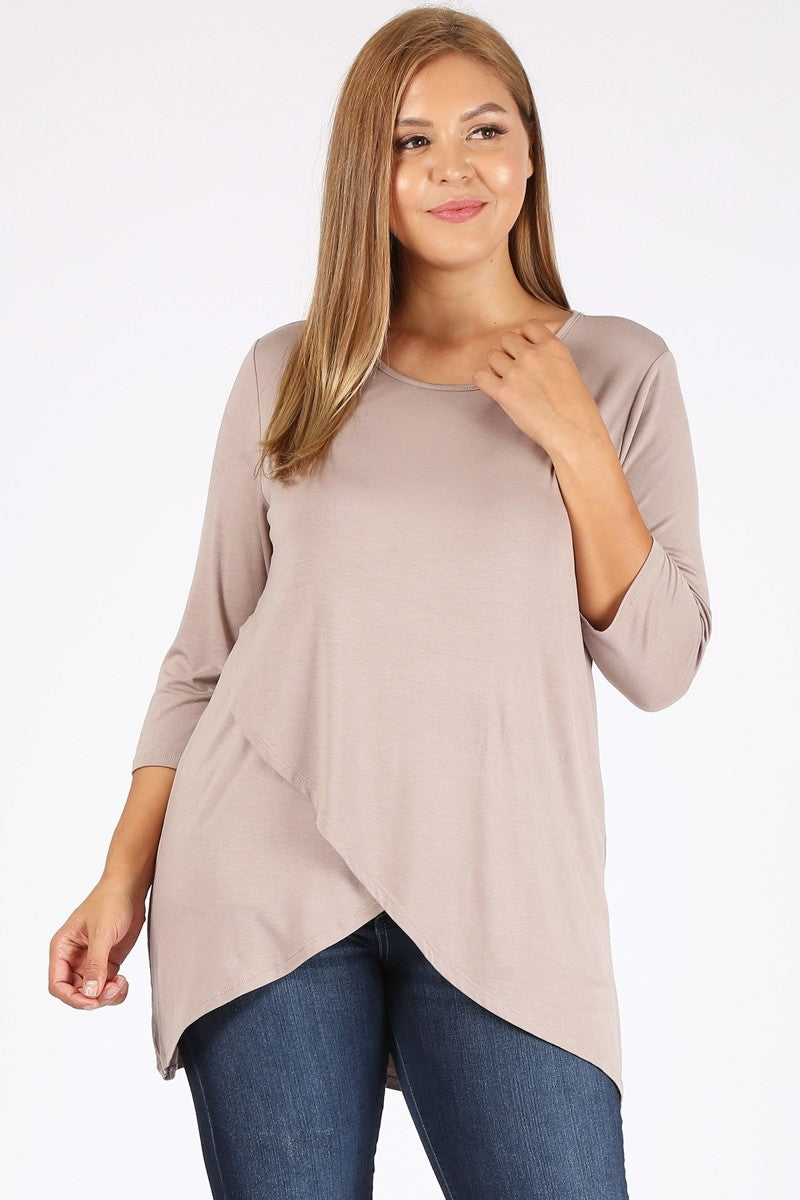 Plus Size 3/4 Sleeve Overlap-hem Solid top 4085X-Ash-Khaki