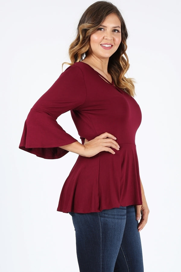 Plus Size Bell-Sleeves Top 4092-X-Burgundy