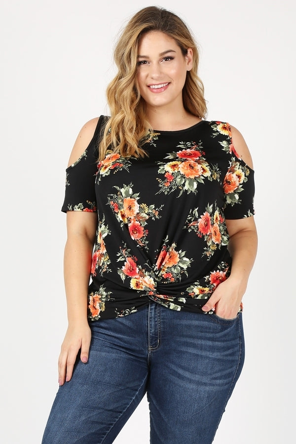 Plus Size Twist Knot cold shoulder printed Top 4101XF-BL-CR