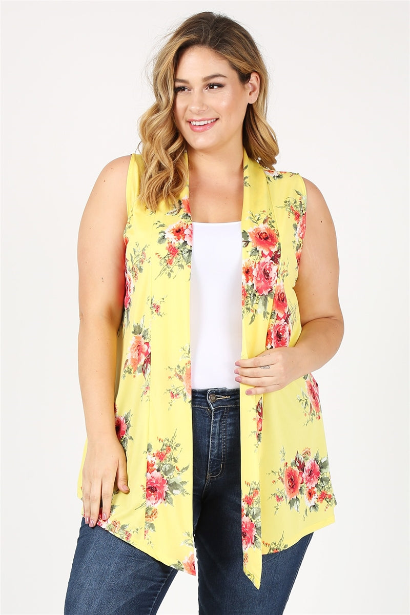 PLUS SIZE OPEN FRONT PRINTED CARDIGAN 4102XF-Yellow-Coral