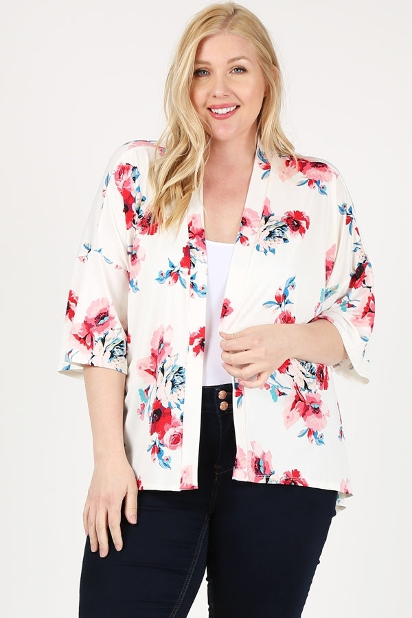 PLUS SIZE OPEN FRONT FLORAL PRINT CARDIGAN TOP 84058PX-Ivory