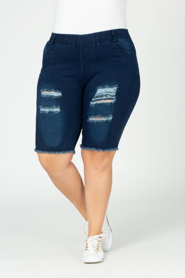 Plus Size Pull-on Super Stretch distressed Bermuda shorts DBB-2010
