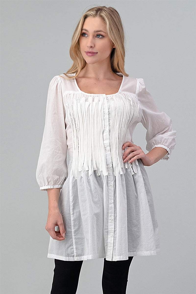 Woven Smocked Button Down Tunic Dress M6736-OFF WHITE
