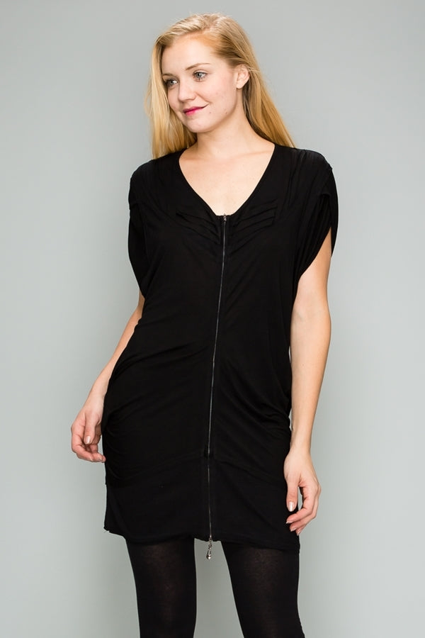 Knit Zipper Front Tunic Dress M6777-BLACK