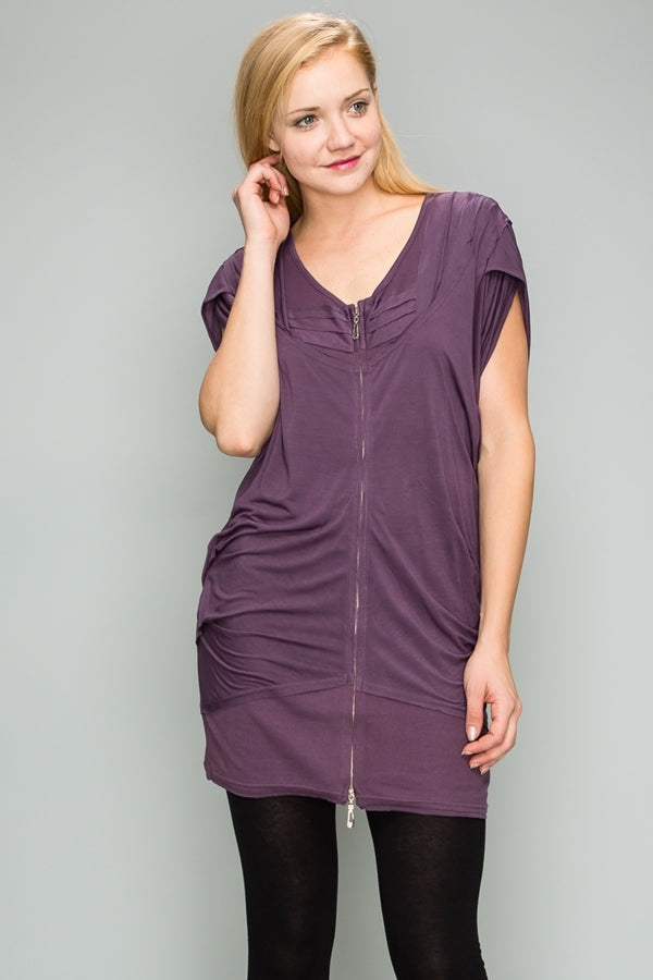 Knit Zipper Front Tunic Dress M6777-Purple