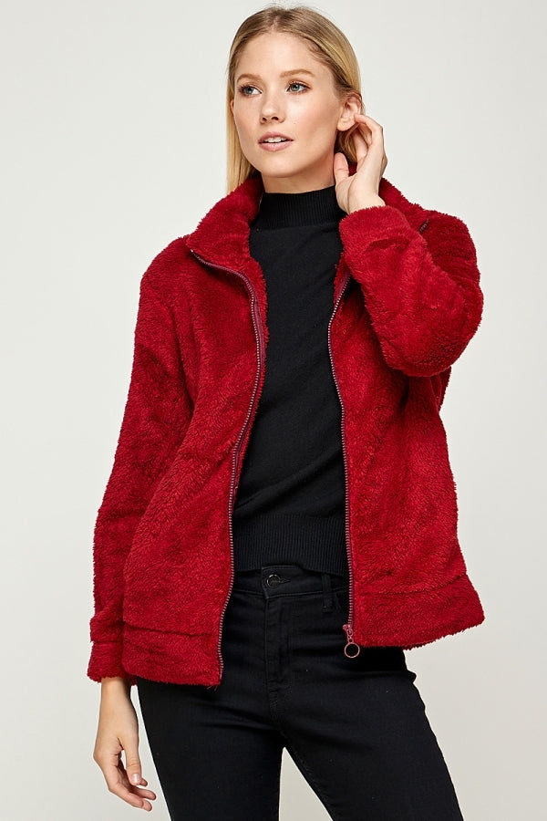 Faux Fur Teddy Bear Zip Up Jacket PJJ-002-BURG