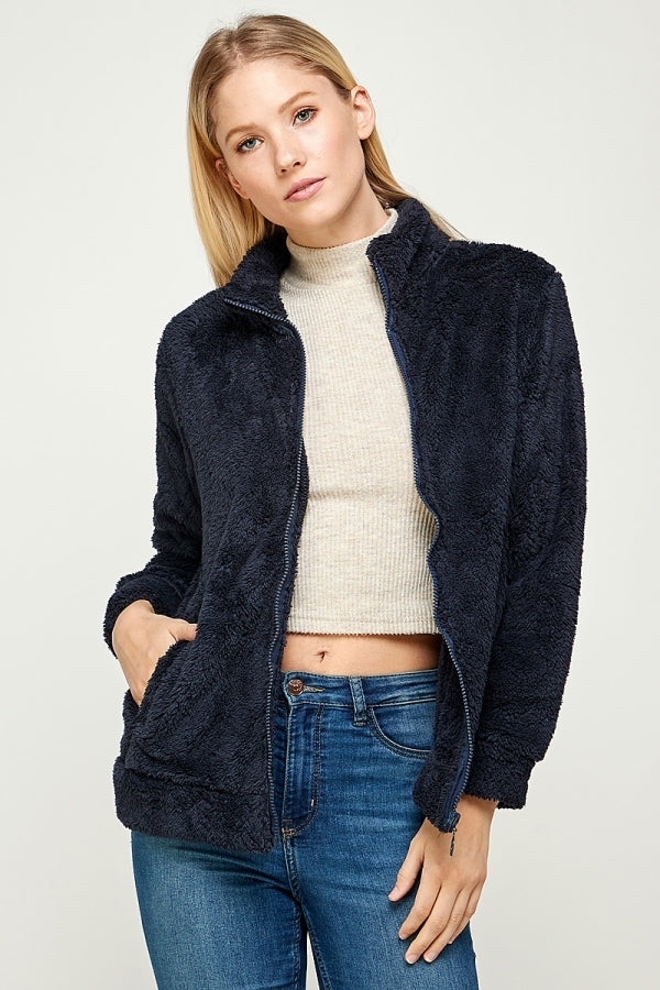 Faux Fur Teddy Bear Zip Up Jacket PJJ-002-Navy