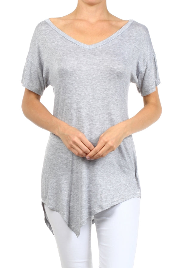 Wholesale V-neck Short Sleeve Asymmetrical Top-PRR-8489-Gray