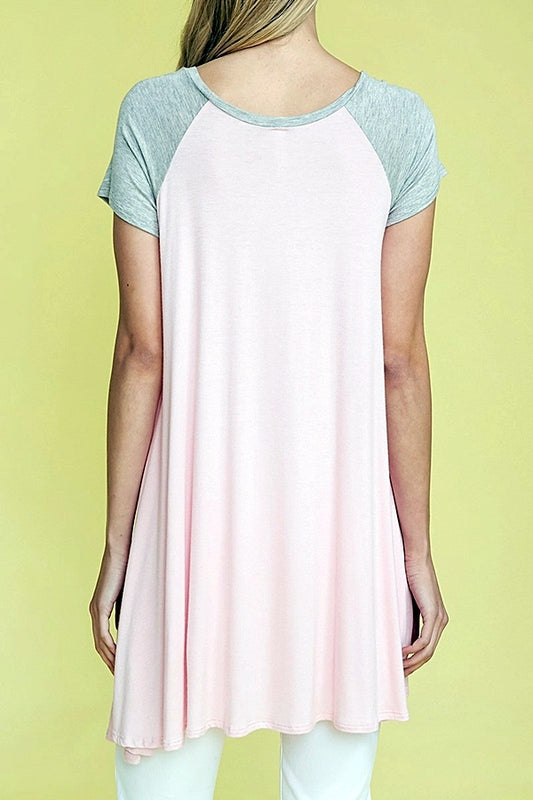 Women's Loose fit two tones raglan tunic top Pink