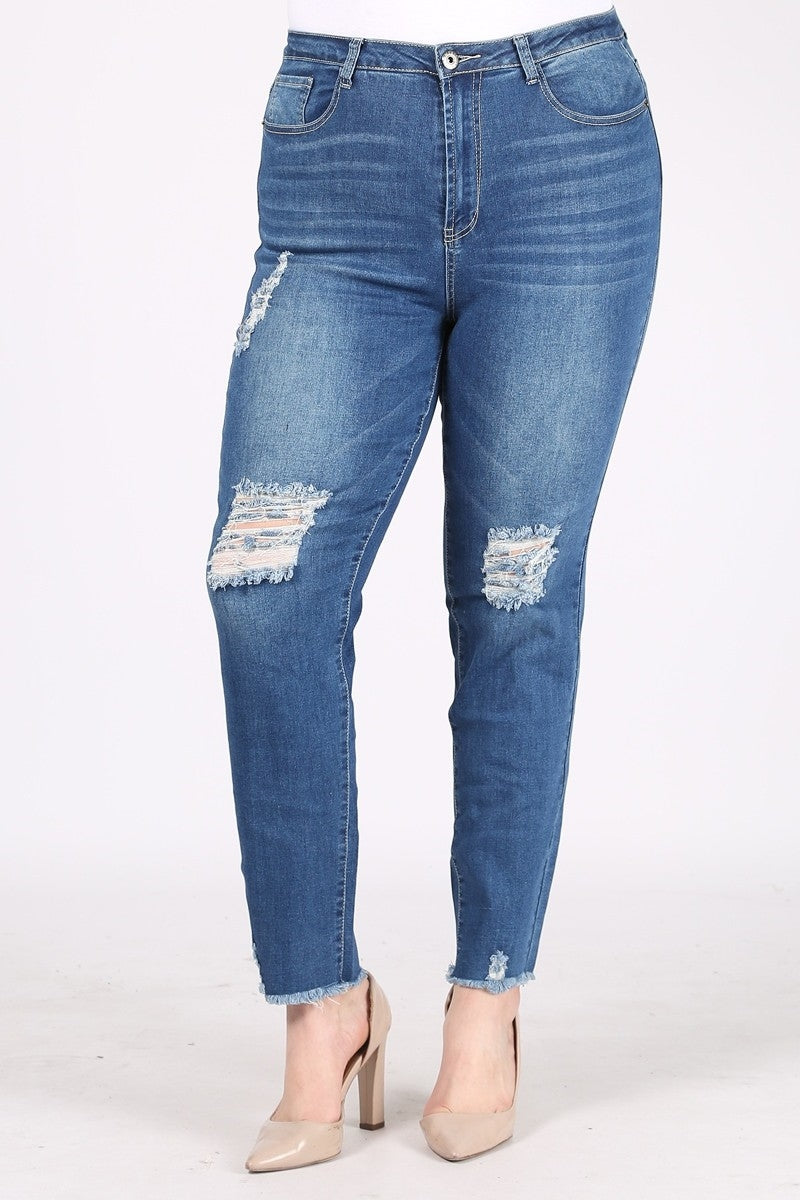 Plus Size Mid-rise distressed denim jeans VTR-201