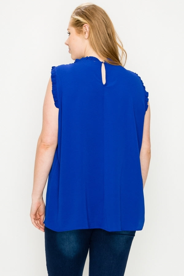 Plus Size Sleeveless Smocked Ruffle Yoke Blouse – Flowy Dressy Top for Women