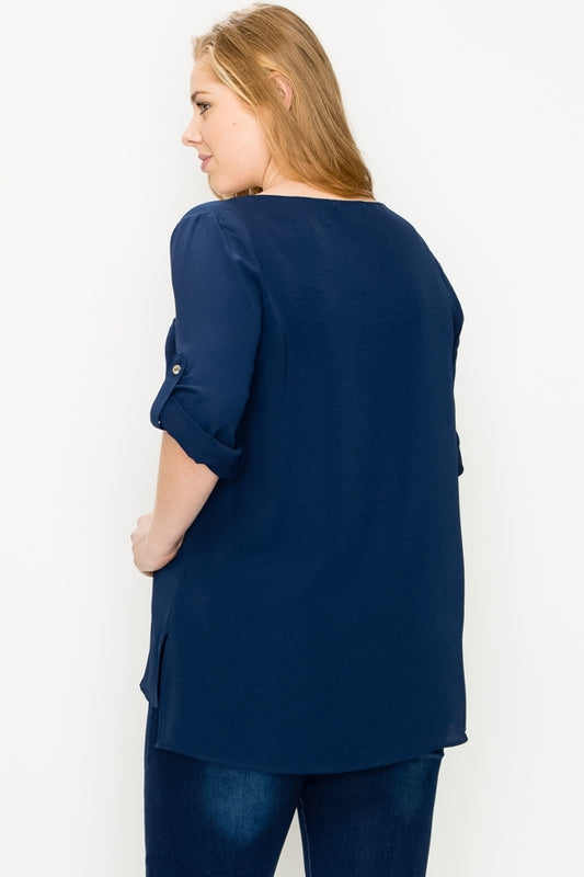 Plus Size Koshibo Blouse Top – Women's Roll-Tab Sleeves, Comfortable Everyday Wear