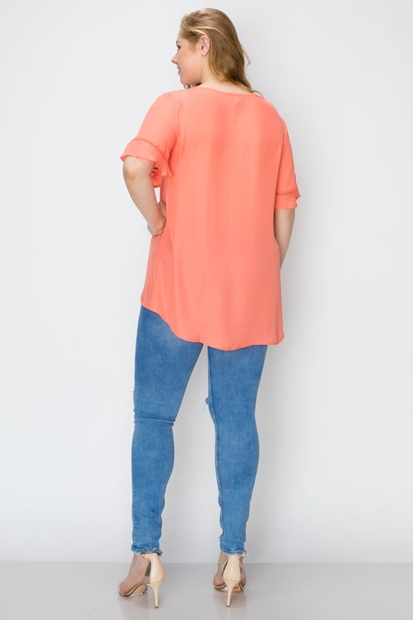 Flattering Plus Size Wool Dobby Hi-Low Tunic – Women's Short Sleeve Blouse
