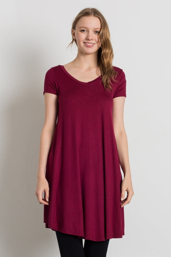 Cap Sleeve Solid Dresses 1002-Burgundy