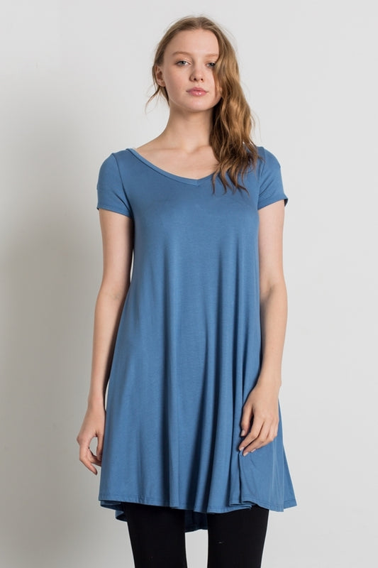 Cap Sleeve Solid Dresses 1002-Denim Blue