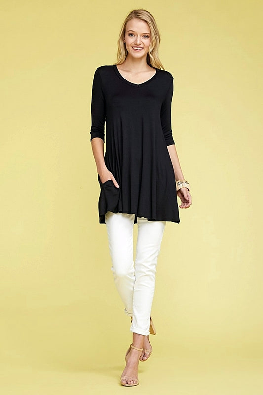 V-NECK 3 QUARTER SLEEVE SIDE POCKET TUNIC 1016-BLACK (6 PC)