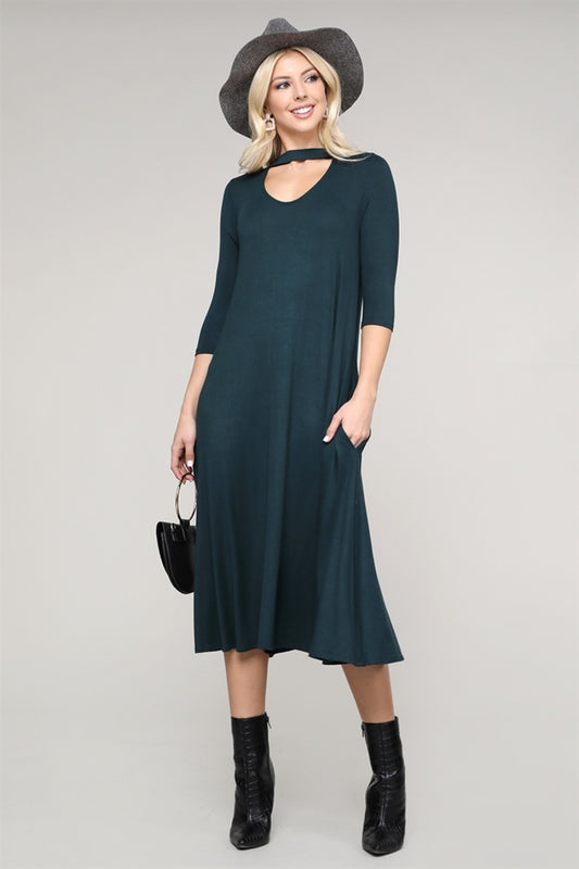 3/4 SLEEVE RELAXED FIT DRESS 1017-H-GREEN