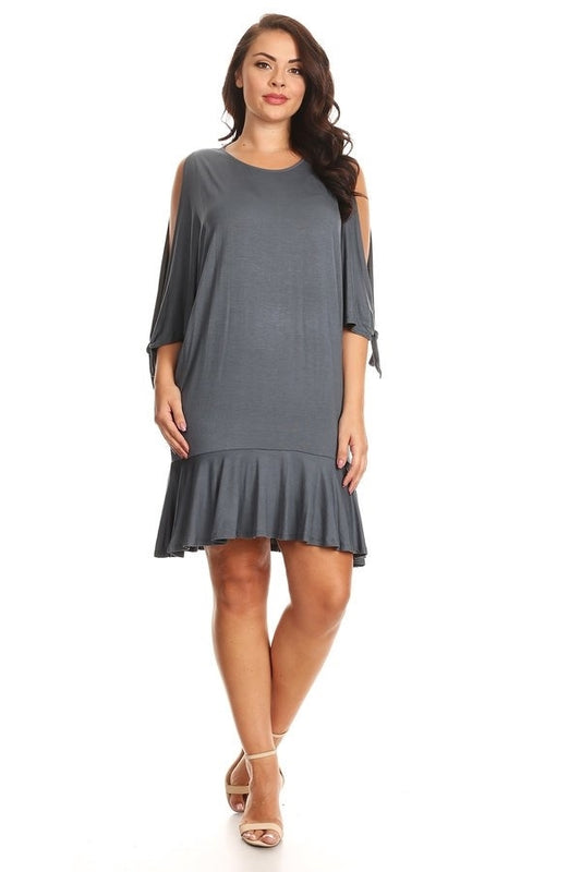 PLUS SIZE COLD SHOULDER RUFFLE HEM DRESS  1031X-DK-GRAY