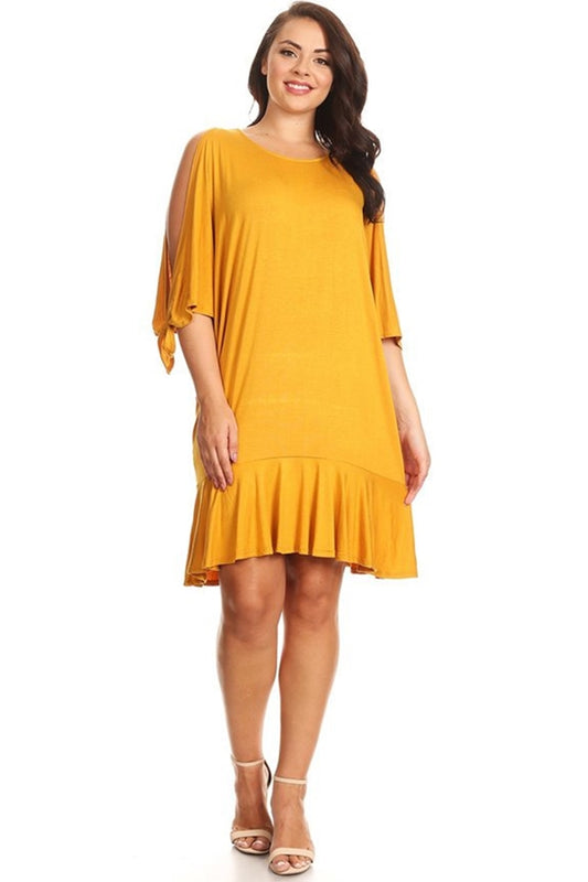 PLUS SIZE COLD SHOULDER RUFFLE HEM DRESS  1031X-MUSTARD