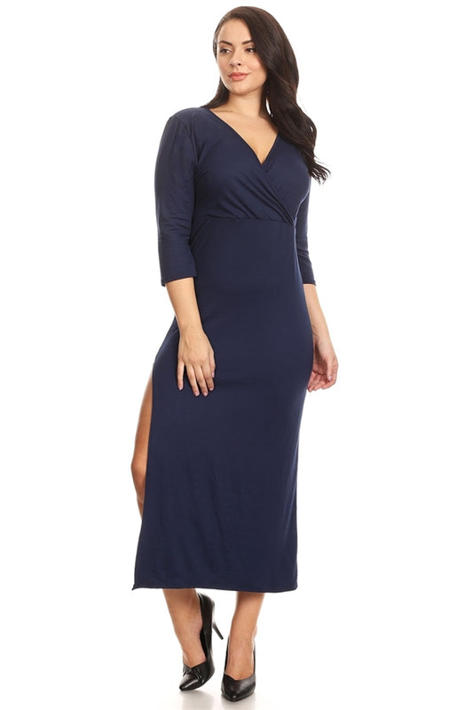 PLUS SIZE SIDE SLIT V-NECK MIDI DRESS 1038X-NAVY