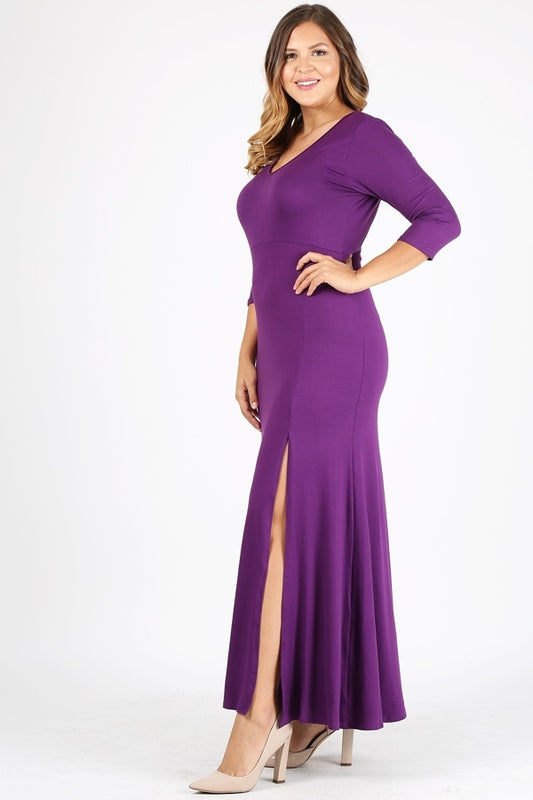 PLUS SIZE V-Neck Maxi Dress 1052X-Eggplant