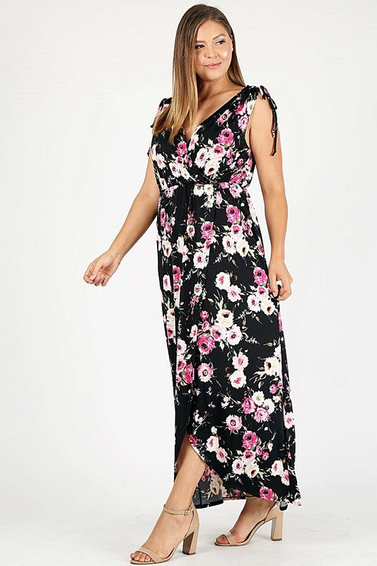 Plus size Faux wrap floral Print Maxi dress 1058XBLK-MAV