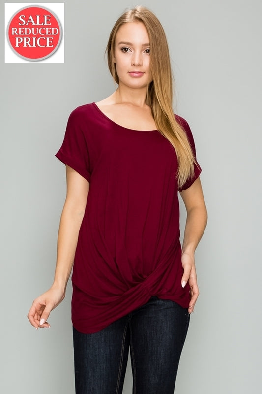 Knot-front Short Sleeve top 4003-Burgundy