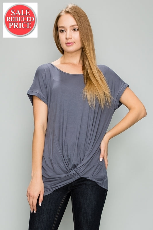 Knot-front Short Sleeve top 4003-Dark Gray