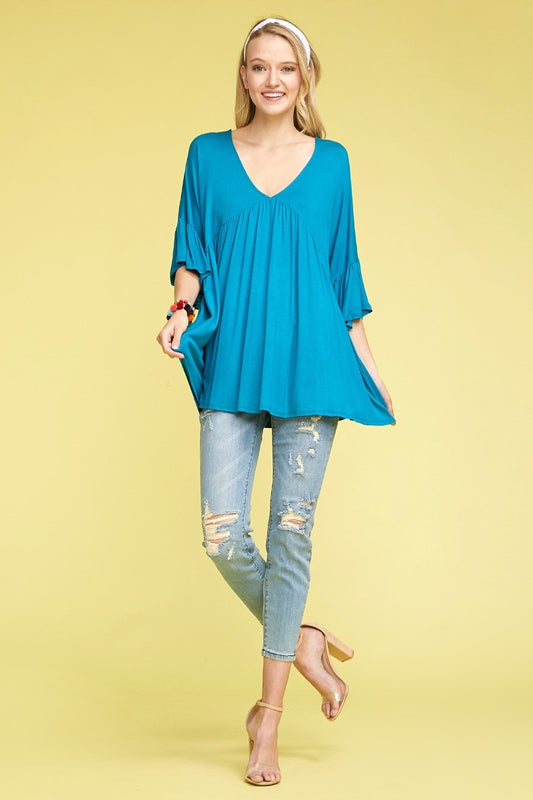 BELL SLEEVES PLEATED V-NECK TOP 4018-TEAL BLUE