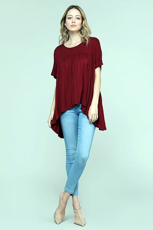 Handkerchief hem Rayon Baby-doll top 4023-burg