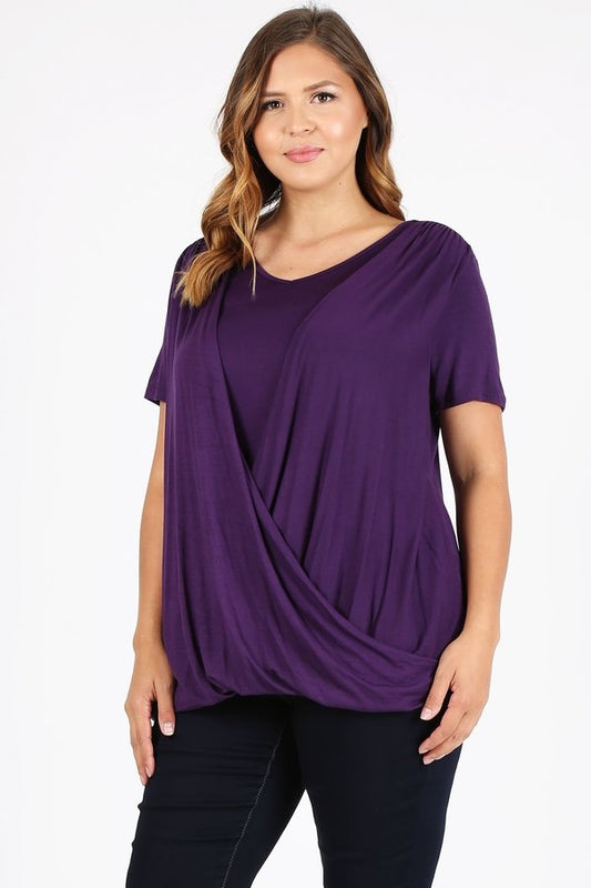 PLUS SIZE CROSS DRAPED V-NECK TOP 4052X-PLUM