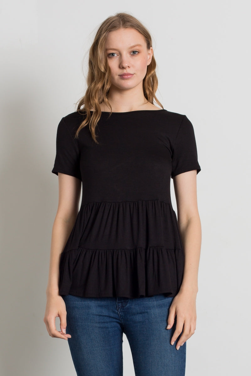 ROUND NECK RUFFLE DETAIL TOP 4056-BLACK
