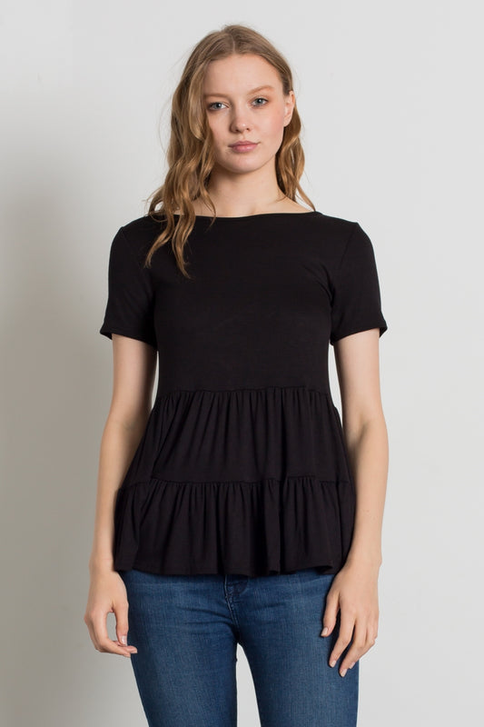 ROUND NECK RUFFLE DETAIL TOP 4056-BLACK