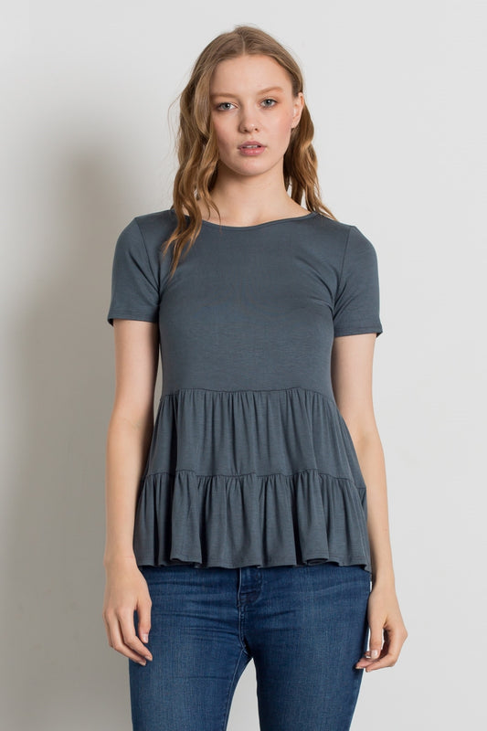 ROUND NECK RUFFLE DETAIL TOP 4056-TITANIUM