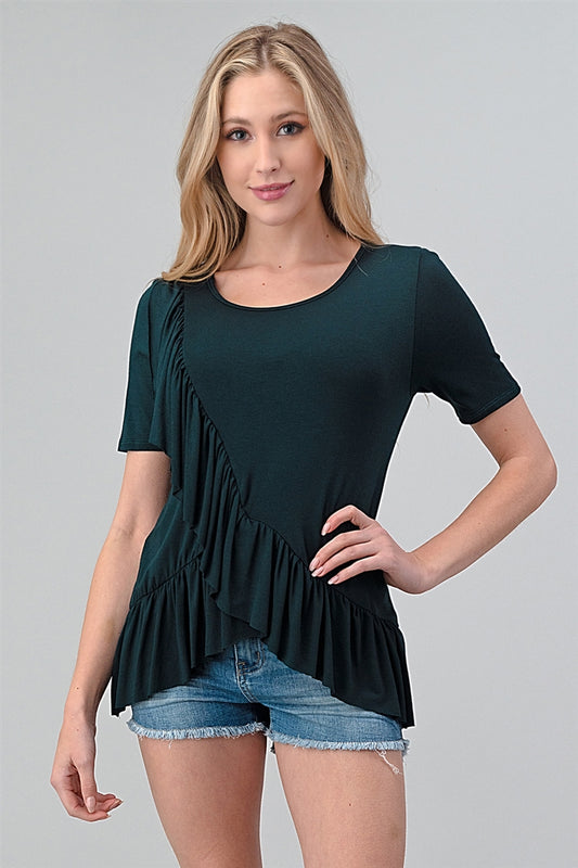 SHORT SLEEVE OVERLAPPING RUFFLED TOP 4057-HUNTER-GREEN