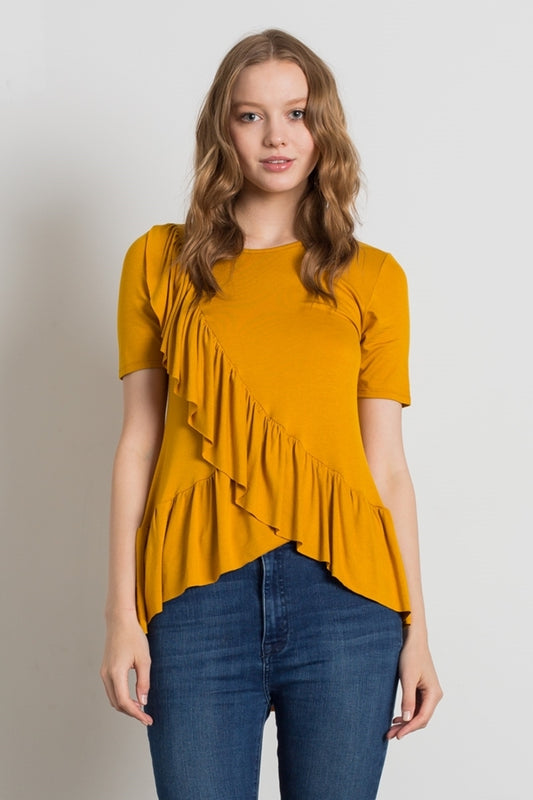 SHORT SLEEVE OVERLAPPING RUFFLED TOP 4057-MUSTARD