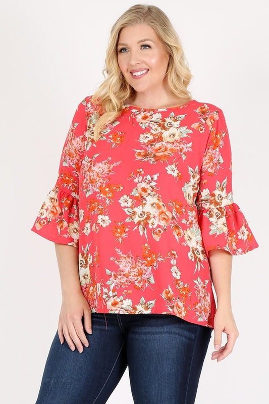 Plus Size 3/4 Bell Sleeve Boat Neck Floral print Top 4065FX-CORAL