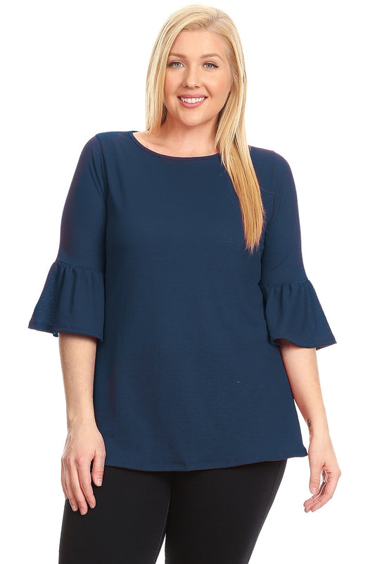PLUS SIZE 3/4 BELL SLEEVE TOP 4065X-Navy