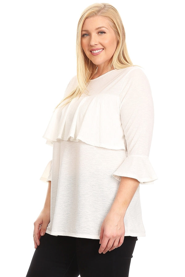 PLUS SIZE 3/4 SLEEVE RUFFLE DESIGN TOP 4066X-OFF-WHITE
