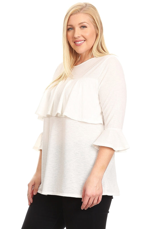 PLUS SIZE 3/4 SLEEVE RUFFLE DESIGN TOP 4066X-OFF-WHITE