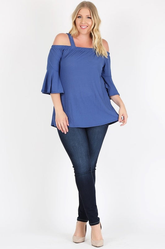 PLUS SIZE COLD SHOULDER BELL SLEEVE TOP 4068X-DENIM BLUE